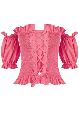Fuchsia Shirred Lace Up Bardot Top