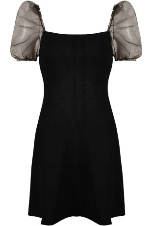 Black Ribbed Chiffon Puff Sleeves Dress