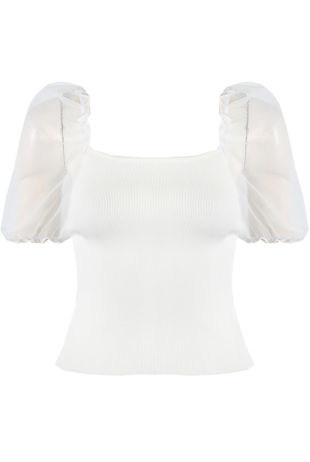 White Organza Sleeve Knitted Crop Top