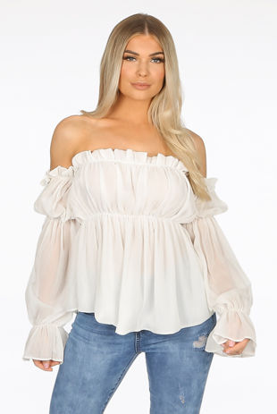 Chiffon Long Sleeve Bardot Top In White