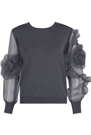 Grey Mesh Sleeve Round Neck Jumper