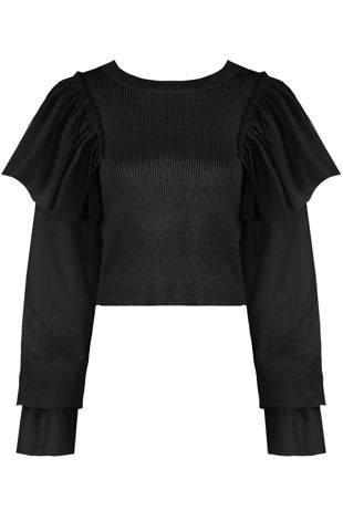Black Frilled Tier Shoulder Knitted Jumper