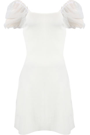 White Ribbed Chiffon Puff Sleeves Dress