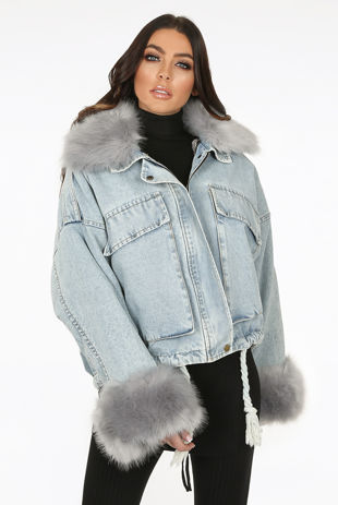 grey denim fur jacket