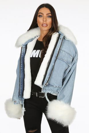 Oversize Fur Trim Denim Blue Jacket 