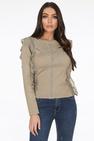 Beige Crochet Lace Long Sleeve Crop Tops