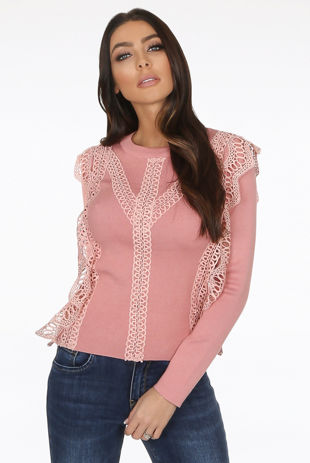 Pink Crochet Lace Long Sleeve Crop Tops