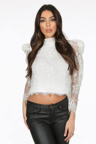 White Floral Mesh Sleeve Back Tie Up Blouse