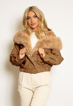 Camel PU Cropped Hooded Jacket
