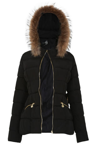 Black Padded Fur Hood Jacket