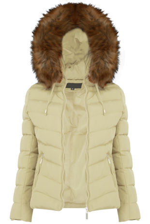 Cream Zipped Pockets Fur Hood Puffa Jackets