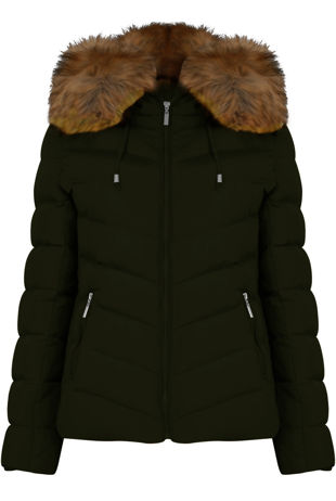 Zipped Pockets Fur Hood Puffa Khaki Jackets