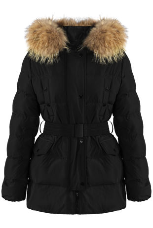 Black Belted Puffer Jacket With Fur Trim Hood