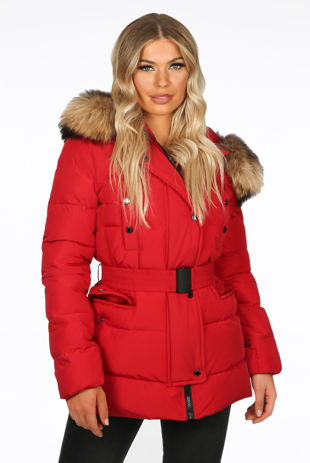 Red Belted Puffer Jacket With Fur Trim Hood