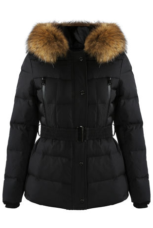 Black Zip Front Belted Puffer Coat With Fur Trim