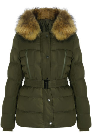Khaki Zip Front Belted Puffer Coat With Fur Trim