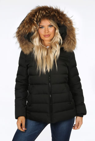 Black Fitted Puffer Jacket With Fur Trim
