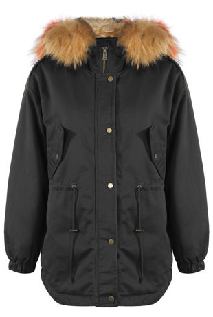 Hooded Black Parka With Chunky Fur Trim