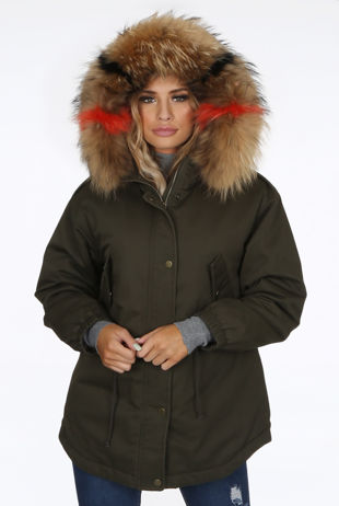 Hooded Khaki Parka With Chunky Fur Trim