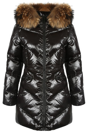 Black Natural Fur Hood Shiny Puffer Coat
