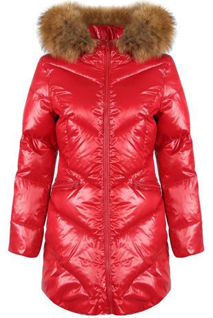 Red Natural Fur Hood Shiny Puffer Coat