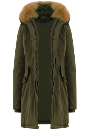 Khaki Thick Real Fur Trim Hooded Parka Coat