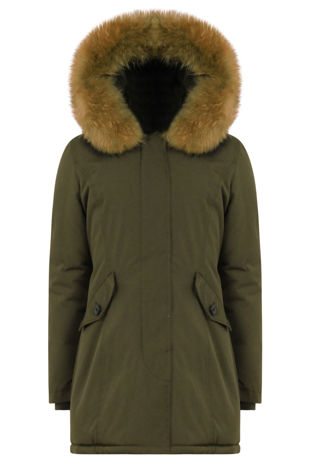 Khaki Thick Real Fur Trim Hooded Parka Coat