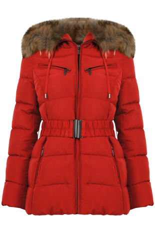 Red Quilted Natural Fur Puffer Jackets