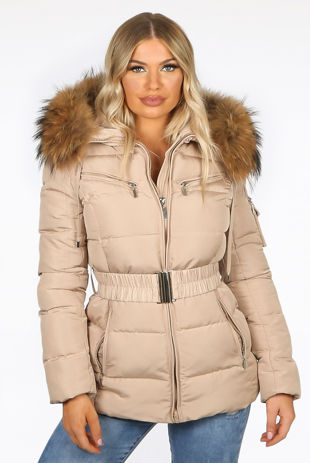 Rose -Beige Fur Hood Quilted Puffer Jacket 