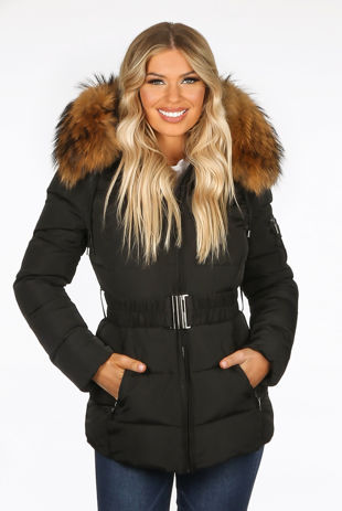 Black Quilted Natural Fur Puffer Jackets