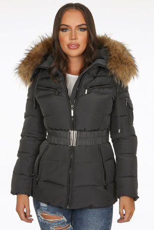 Dark Grey Puffa Jacket with Golden Faux Fur