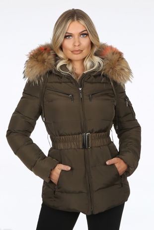 Khaki Natural Multi colour Fur Quilted Zip Puffer Jackets 