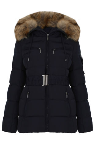 Navy Puffa Jacket with Golden Faux Fur 