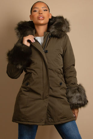 khaki Canvas Parka with Fur Hood & Cuff