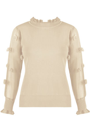 Beige Mesh Sleeves Ribbed Jumper