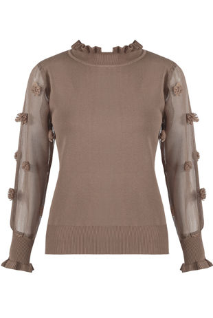Taupe Mesh Sleeves Ribbed Jumper