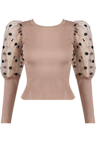 Taupe Polka Dot Mesh Sleeve Jumper
