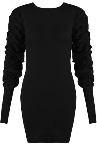 Black Pleated Sleeve Round Neck Shift Dress