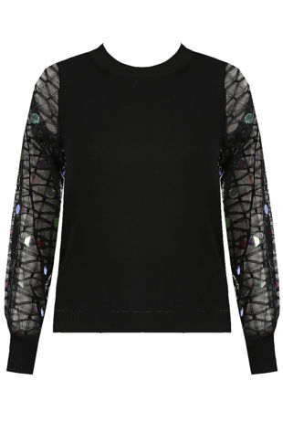 Black Sequin Mesh Trim Knit Top