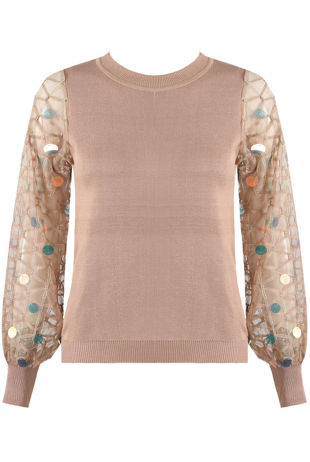 Taupe Sequin Mesh Trim Knit Top