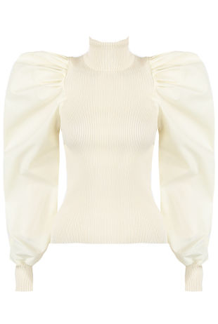 Cream High Neck Puffed Bishop Sleeves Ribbed