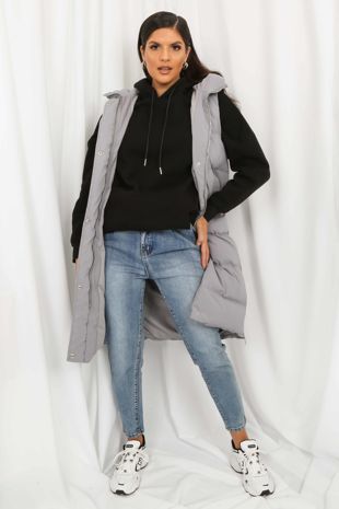 Grey Longline Puffer Gilet with Hood