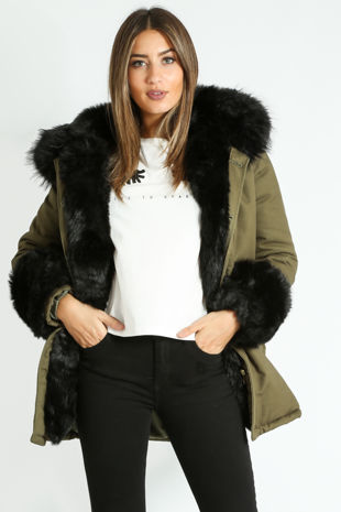 Khaki Padded Parka With Black Faux Fur