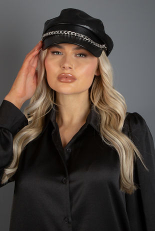 Black Faux Leather Baker Boy Silver Chain Hat