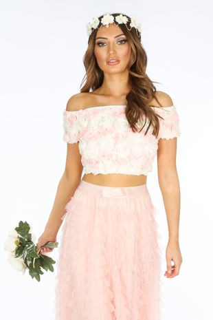 Chiffon Rose Applique Crop Top In Light Pink