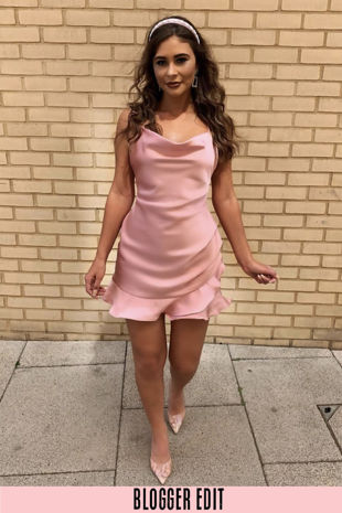 Pink Cowl Neck Frill Satin Playsuit