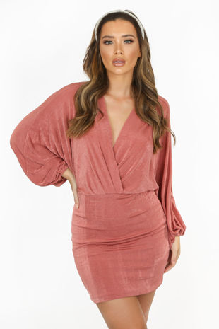 Pink Slinky Long Sleeve Plunge Mini Dress