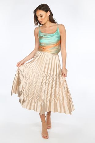 Beige Satin Chevron Pleated Maxi Skirt