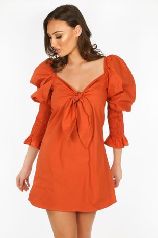 Coral Tie Front Dress With Puff Sleeves