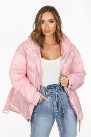 Pink Quilted Belted Puffer Jacket